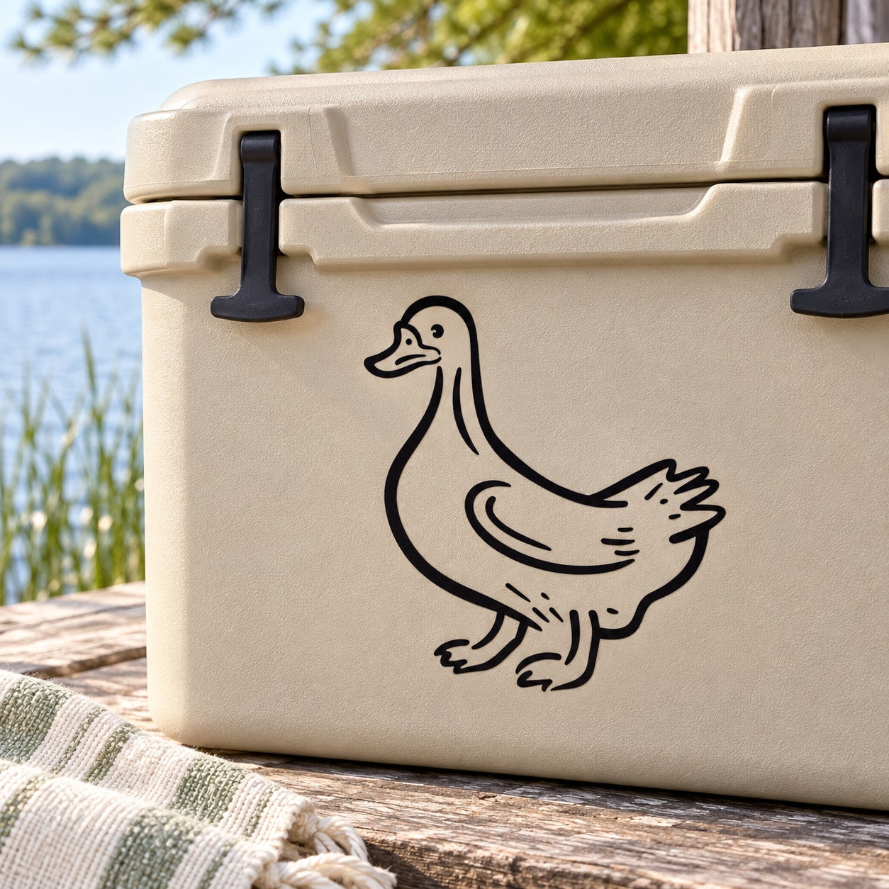 Duck line-art vinyl decal with black outline on a light tan surface