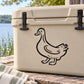 Duck line-art vinyl decal with black outline on a light tan surface