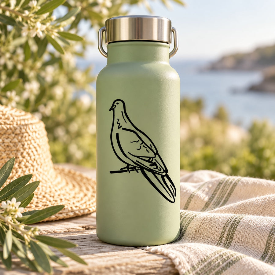 Perched dove decal in black on sage green bottle