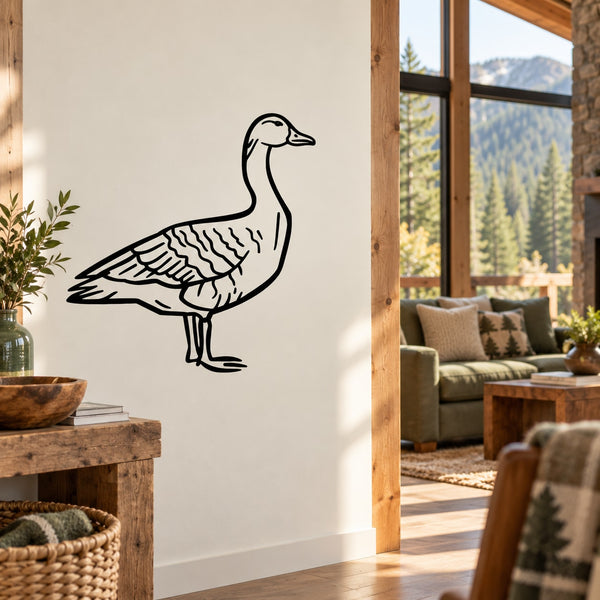 Atlantic goose wall decal, black outline line drawing on light wall