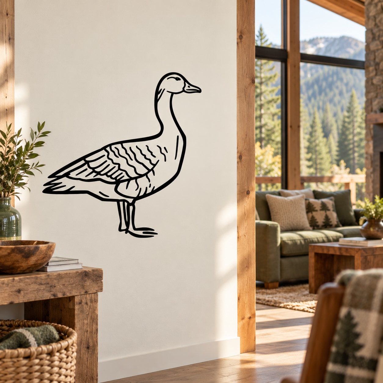 Atlantic goose wall decal, black outline line drawing on light wall