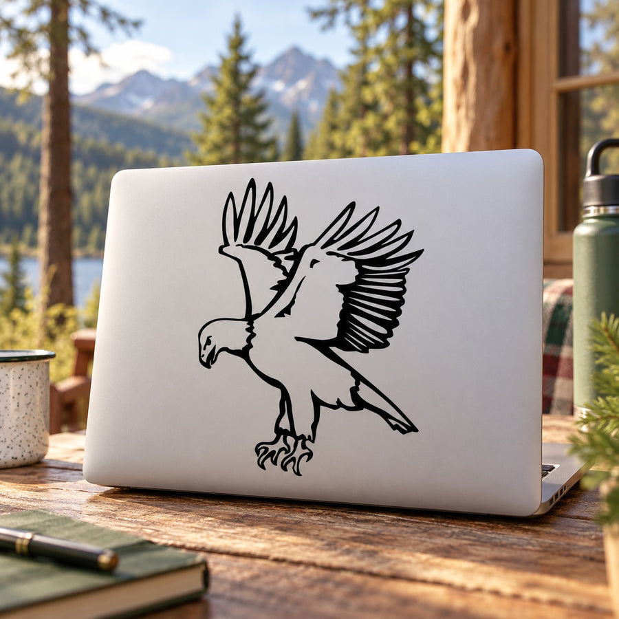 Black eagle outline decal sticker with clawed talons and spread wings.