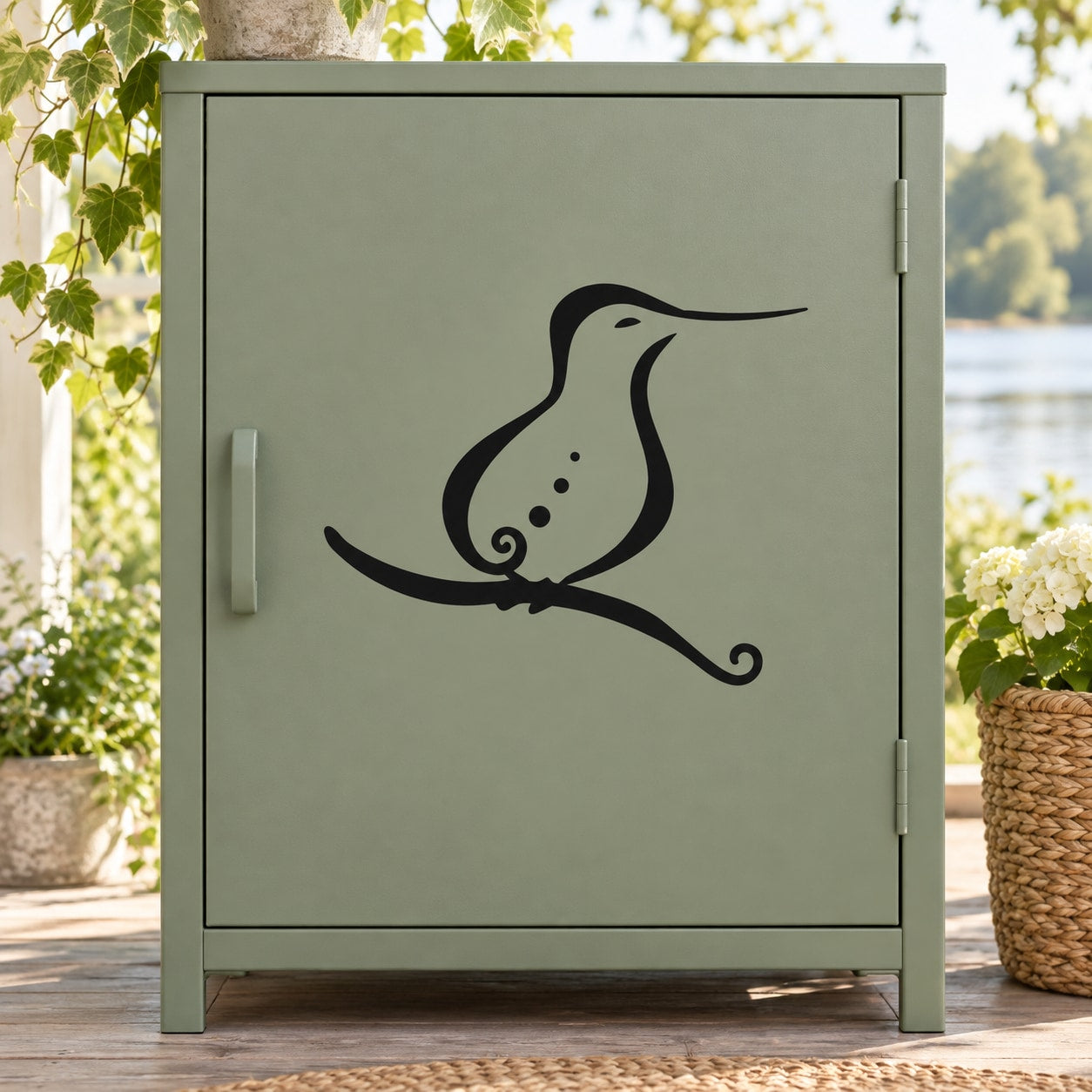 Black heron piper wall decal with swirling vine design