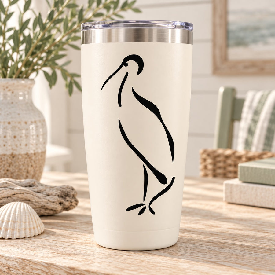 Standing egret decal on white tumbler cup, black bird silhouette