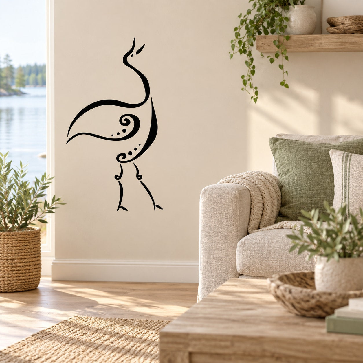 Abstract swan wall decal in black line-stroke art