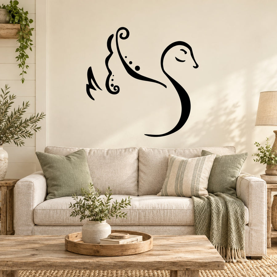 Black swan wall decal with dotted stroke-style design and curled tail