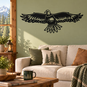 Eagle spread-wings wall decal with black outline and detailed feather design