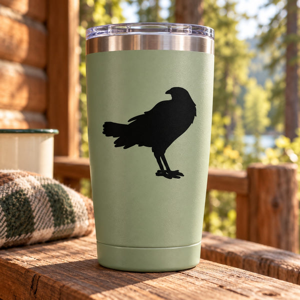 Light green tumbler with black mynah head-turning decal
