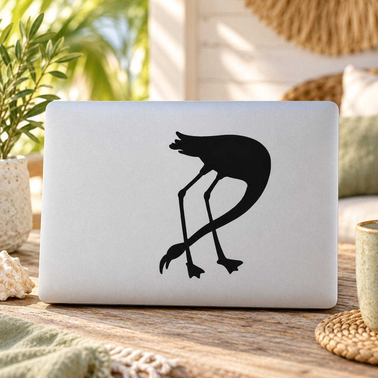 Black flamingo silhouette decal on a white laptop lid