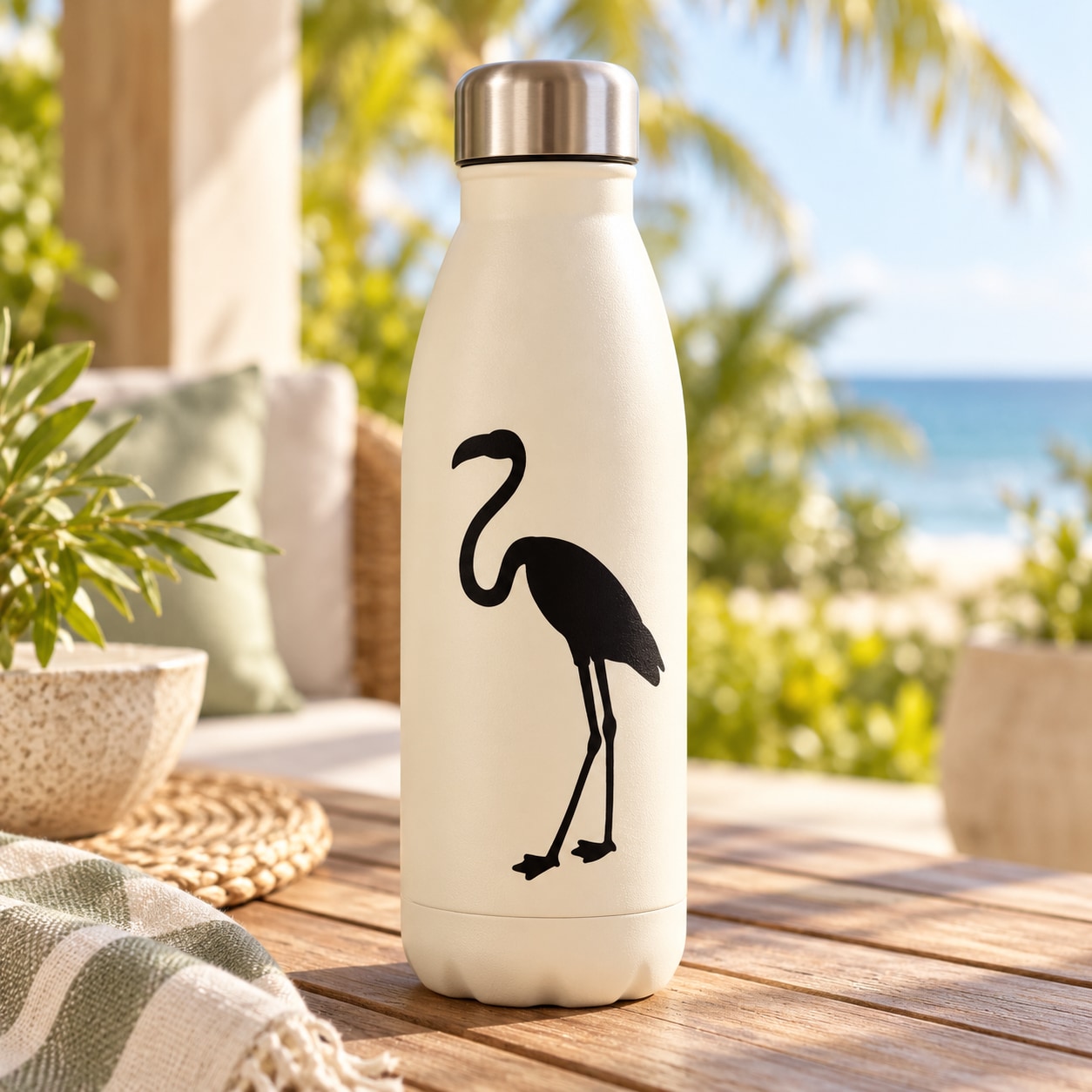 White water bottle with black flamingo decal and silver metal lid