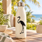 White water bottle with black flamingo decal and silver metal lid