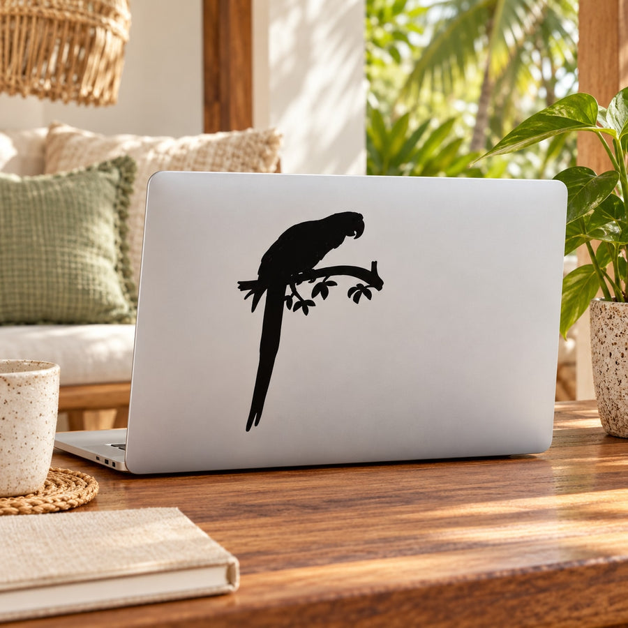 Parrot silhouette decal with branch, black design on light background