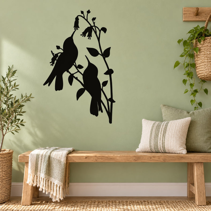 Hummingbirds on branch leaves wall decal, black silhouette on leafy branch
