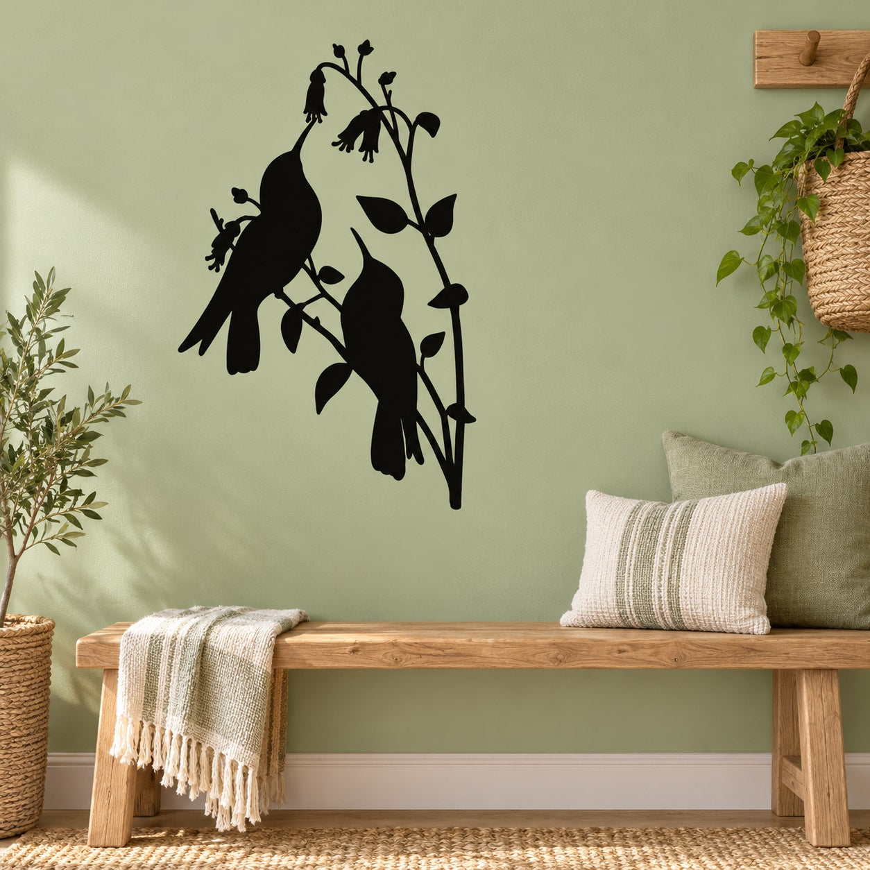 Hummingbirds on branch leaves wall decal, black silhouette on leafy branch