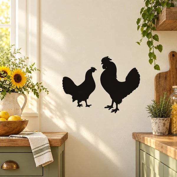 Black chicken and rooster silhouette wall decal with three bird figures