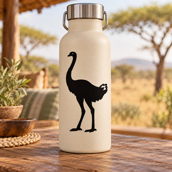 Ostrich standing decal with black silhouette on a light beige background