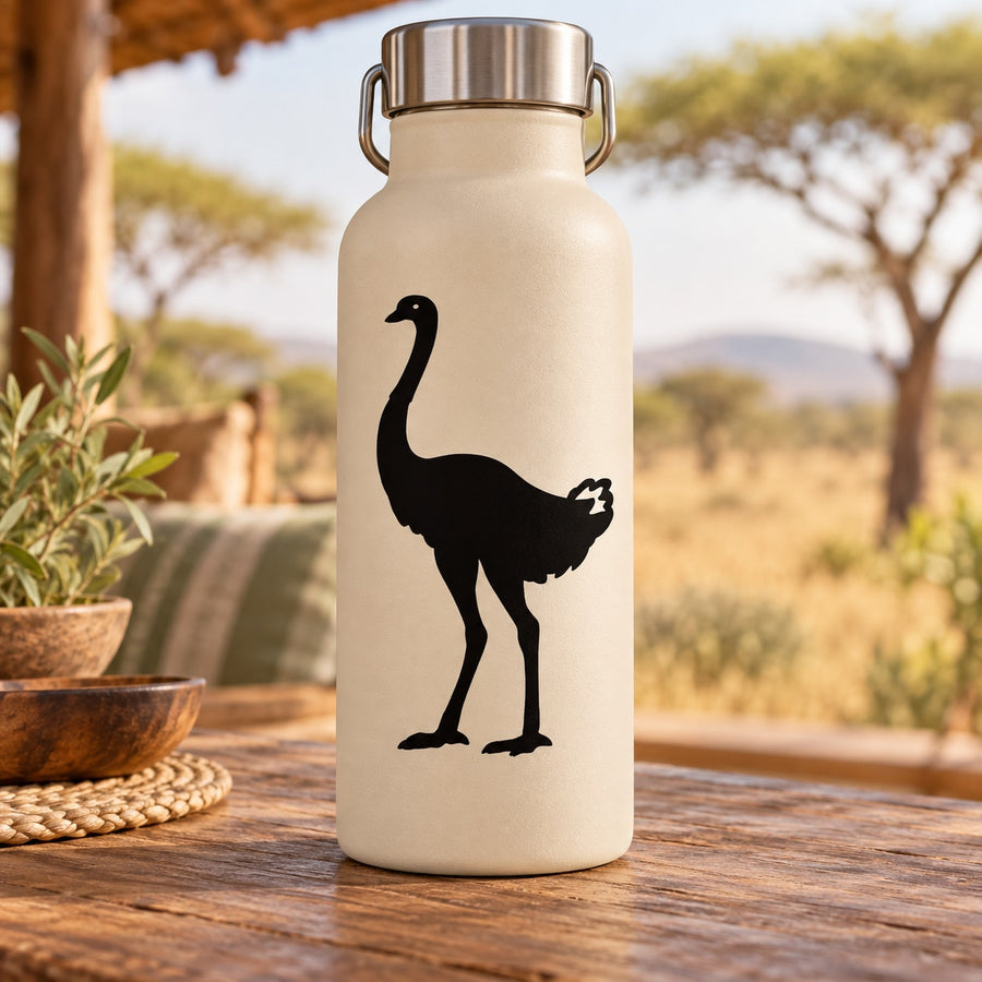 Ostrich standing decal with black silhouette on a light beige background