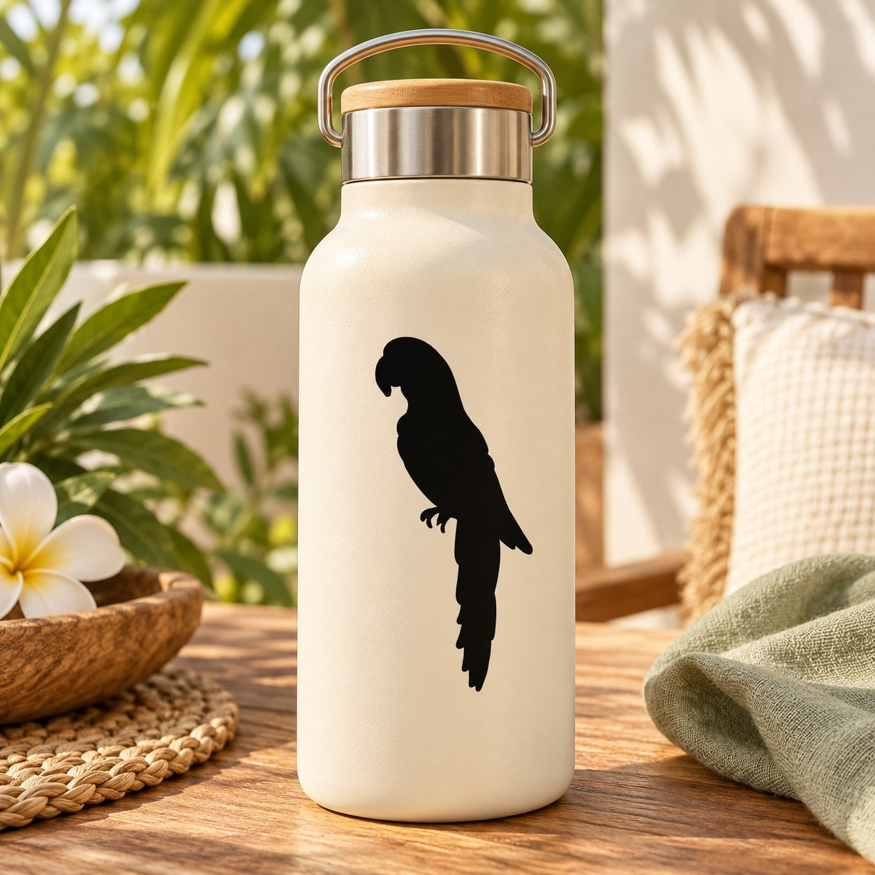 White water bottle with black parrot silhouette decal