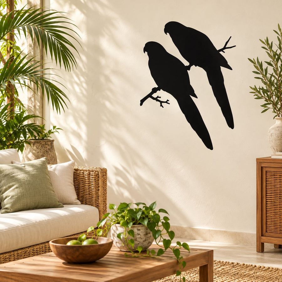 Parrot on tree branch wall decal with two black bird silhouettes