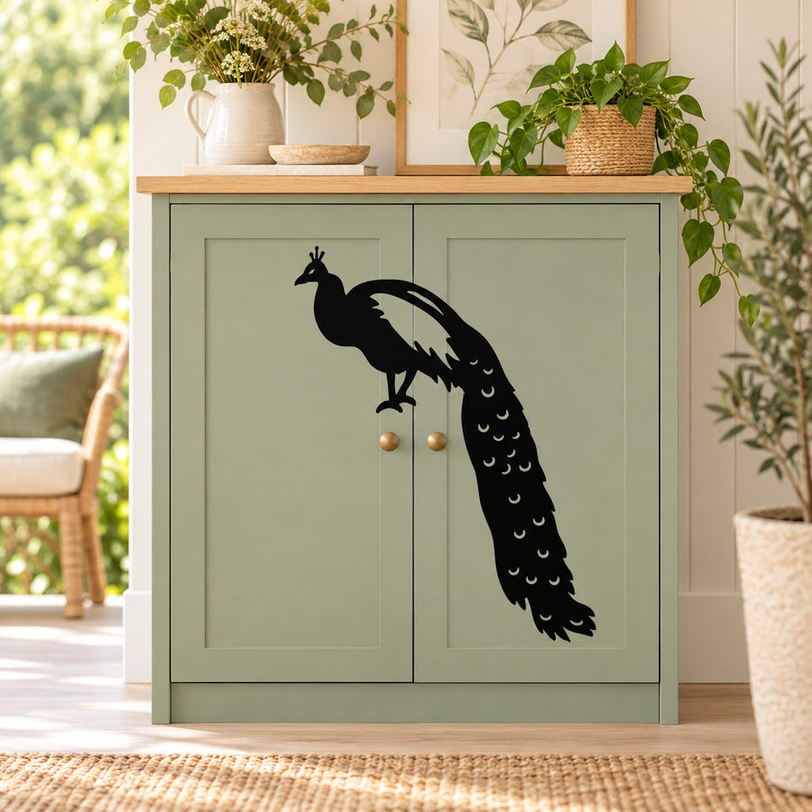 Perched peacock wall decal, black silhouette with dotted tail and beak
