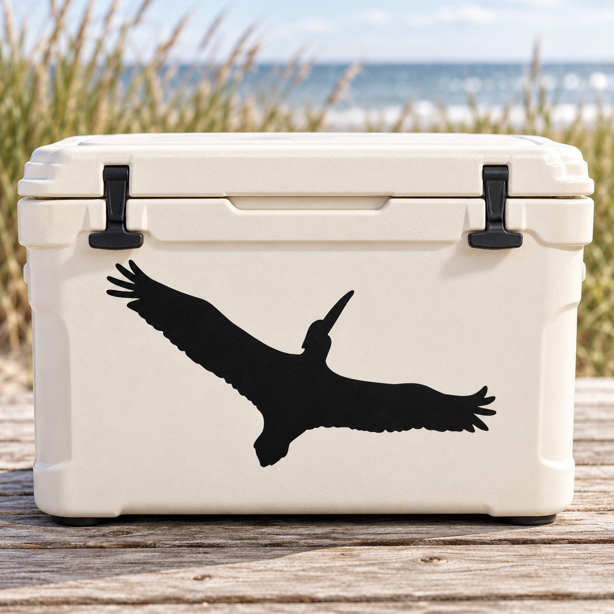 Black pelican vinyl wall decal silhouette on a light-colored surface