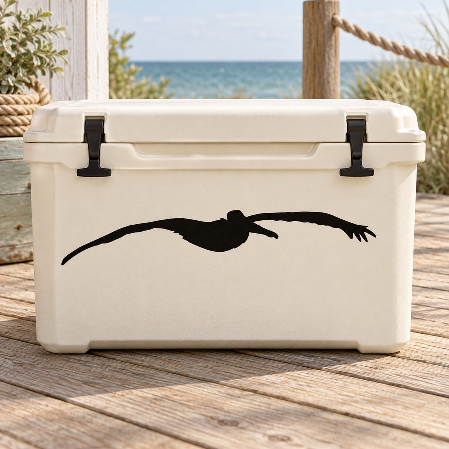 Pelican vinyl decal with black flying bird silhouette