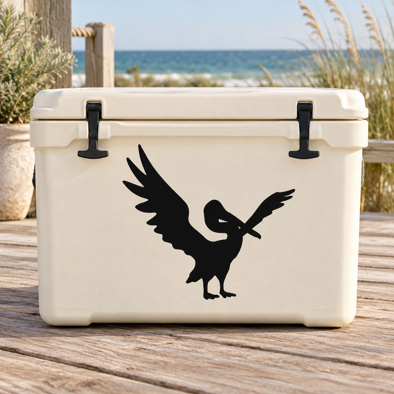 Black pelican vinyl decal with wings spread, applied to light rectangular cooler