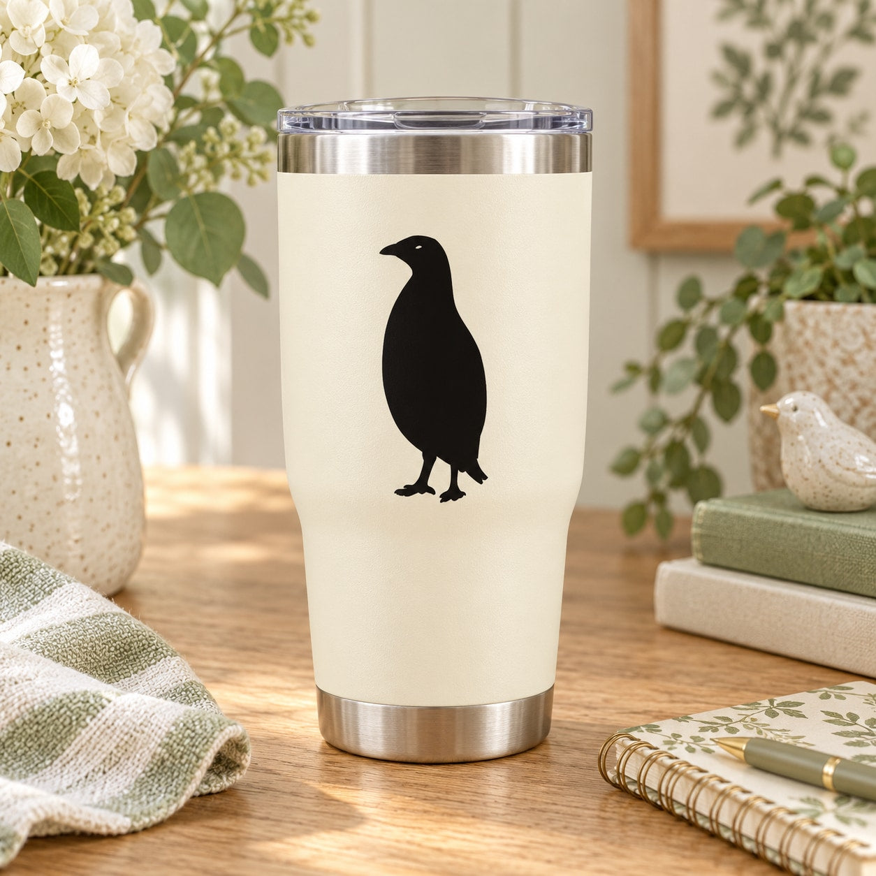 Stainless travel tumbler with black quail decal on cream panel