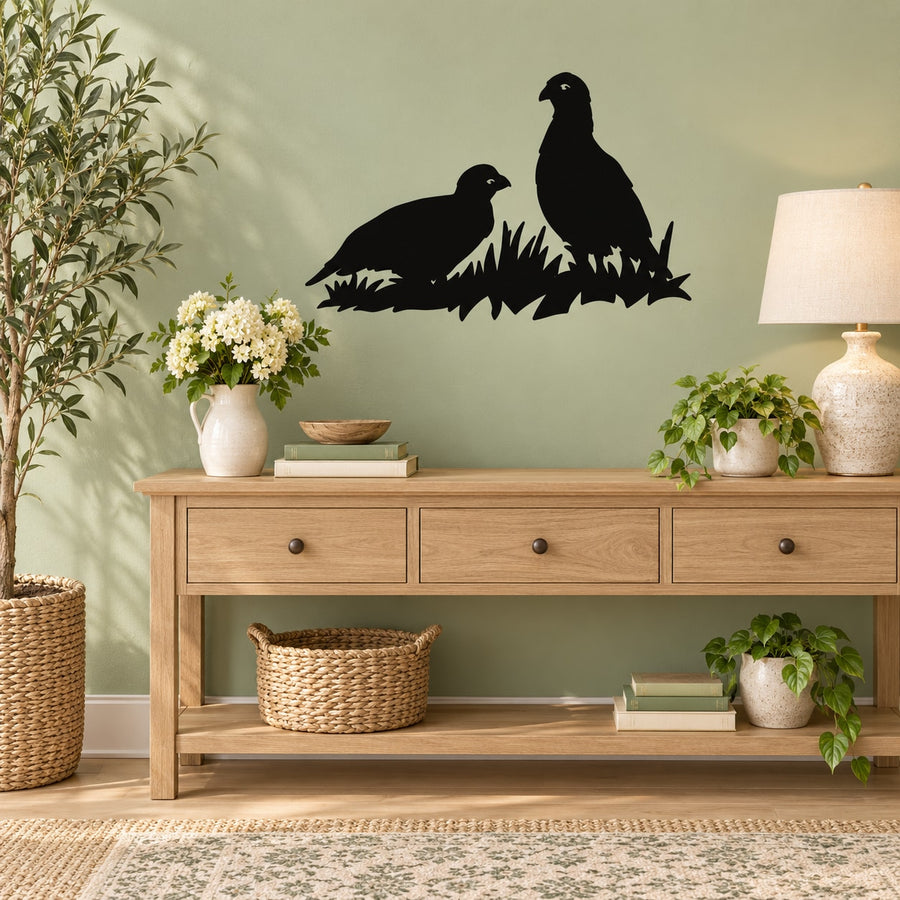 Quail and grass silhouette wall decal with black bird design