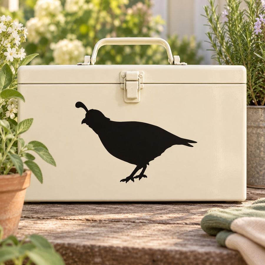 Crouching quail wall decal with black silhouette on light beige surface