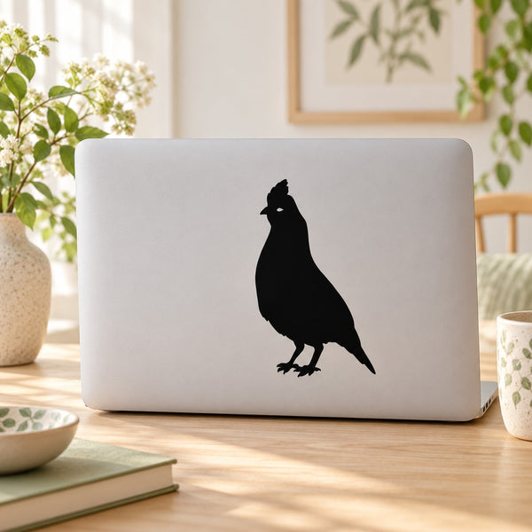 Black quail silhouette decal on white surface