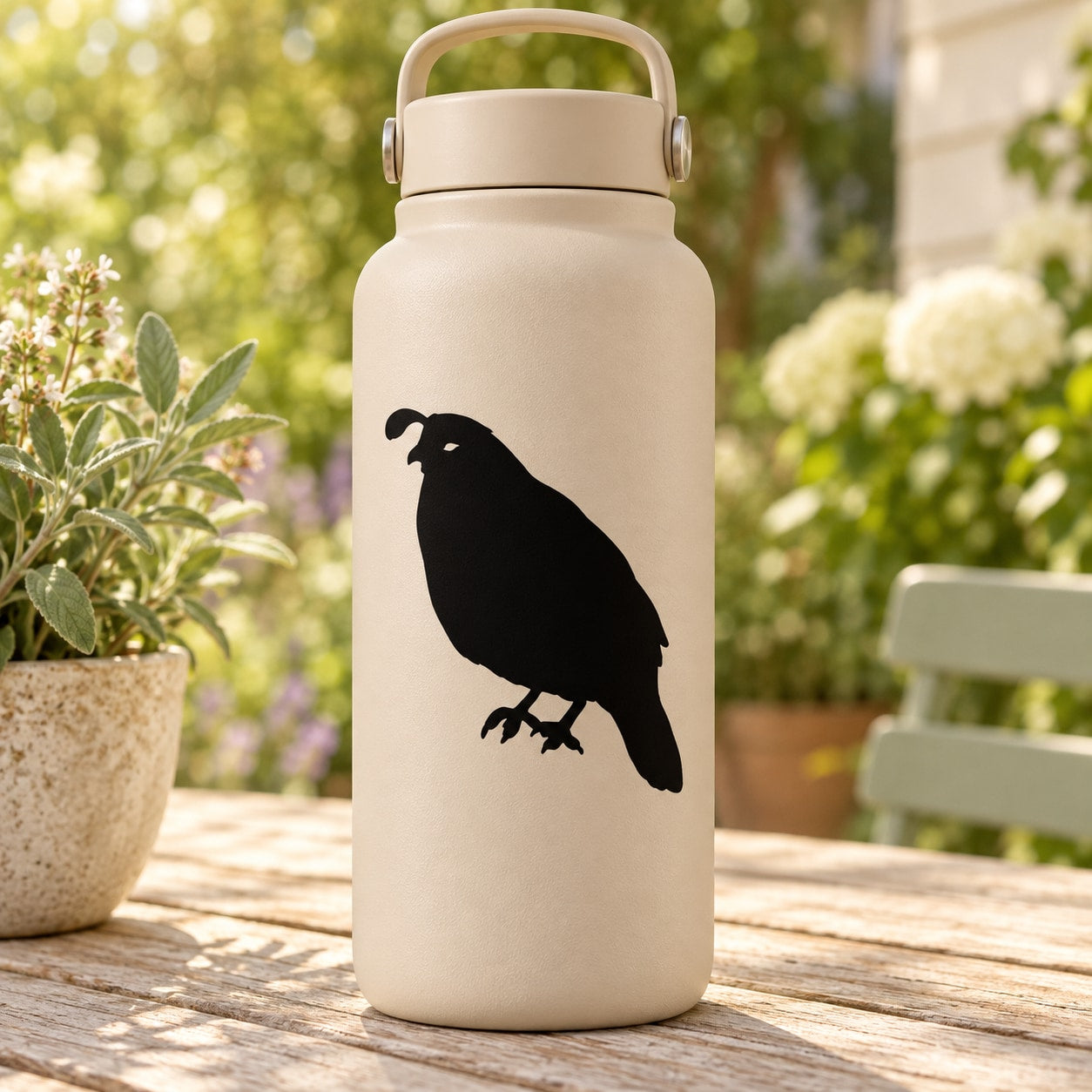 Cream bottle with black quail decal
