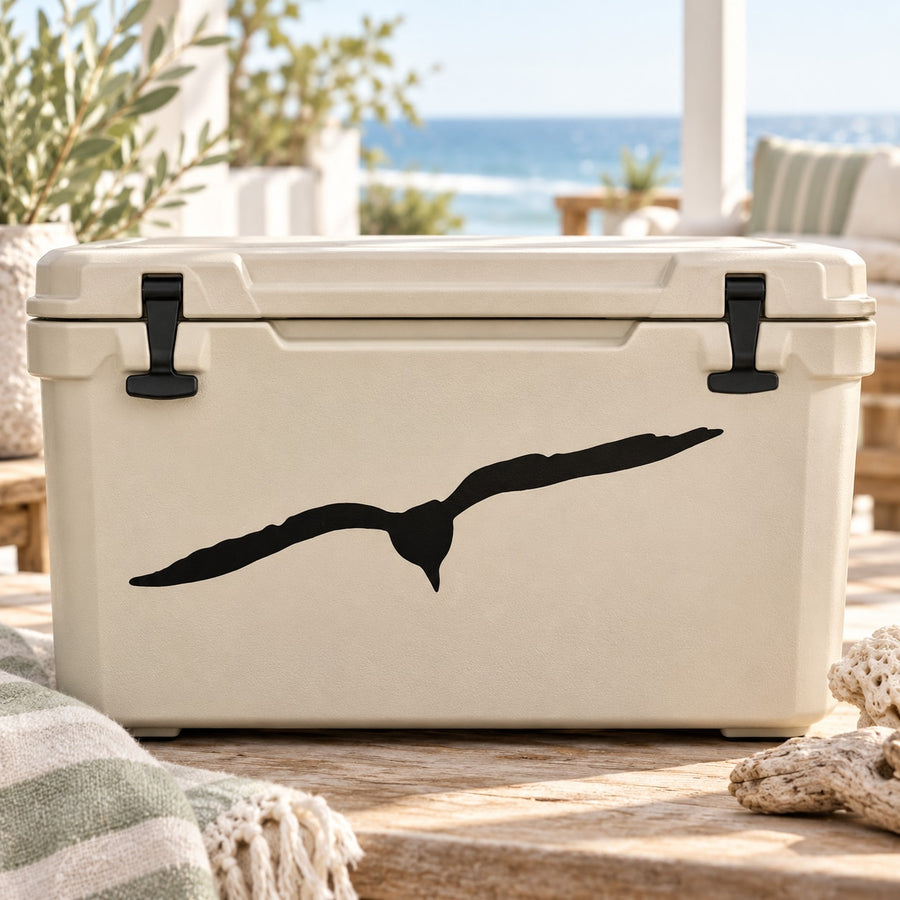 Black seagull decal on white cooler lid, bird silhouette graphic