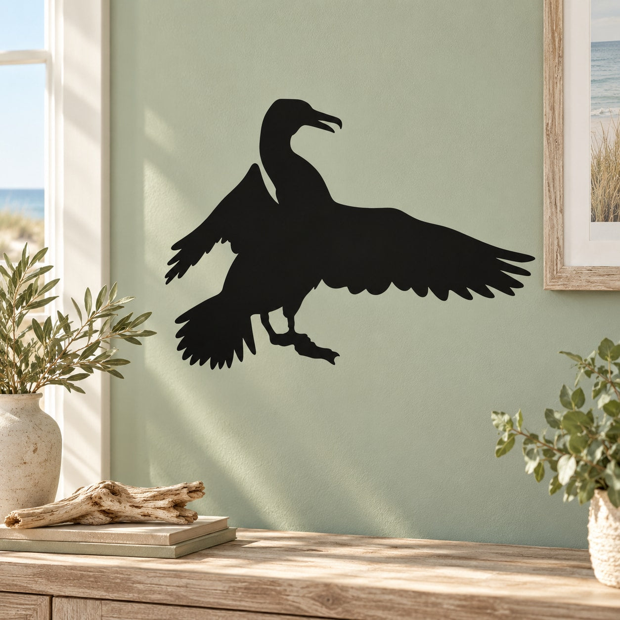 Black seagull standing wings flapped wall decal silhouette