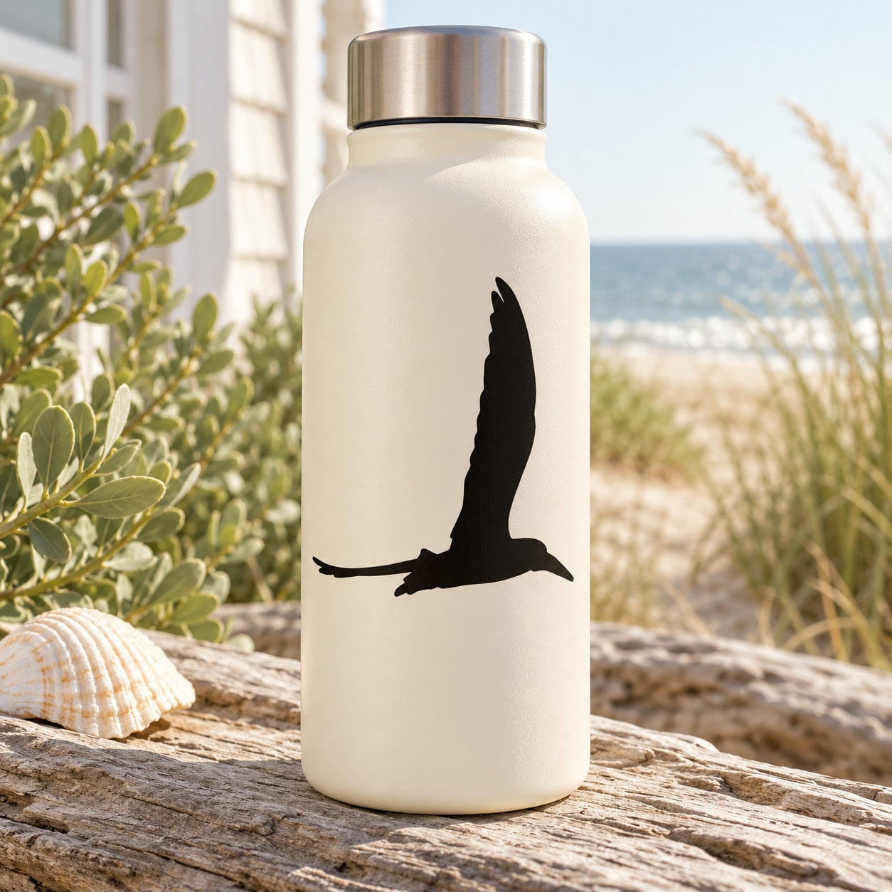 Bird silhouette decal on white water bottle