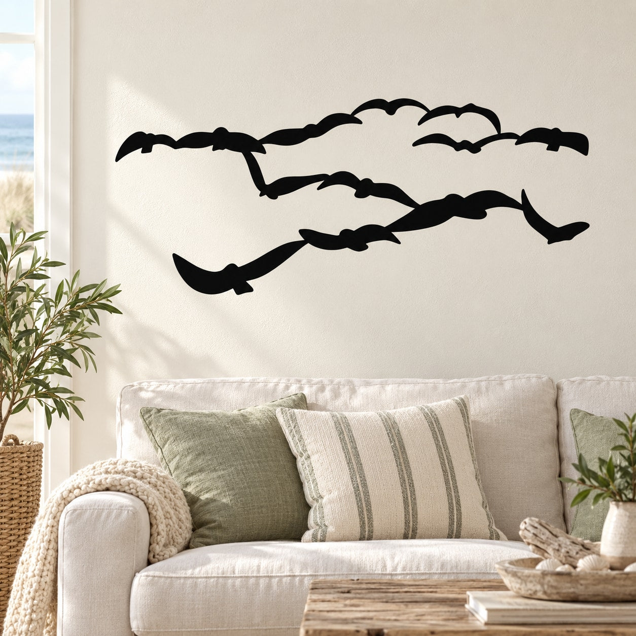 Black shore bird flock wall decal with multiple flying birds