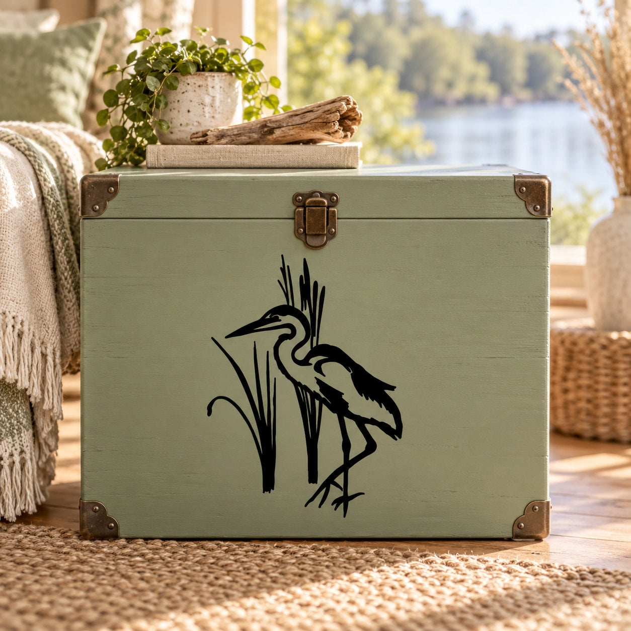 Black whooping crane silhouette with marsh reeds decal on a green surface