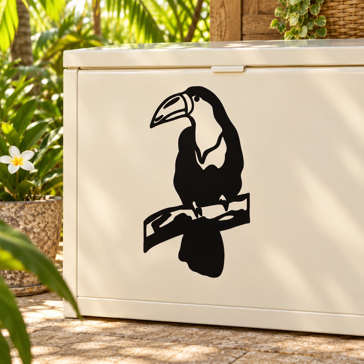 Toucan perching decal showing head turned, black silhouette on light background.