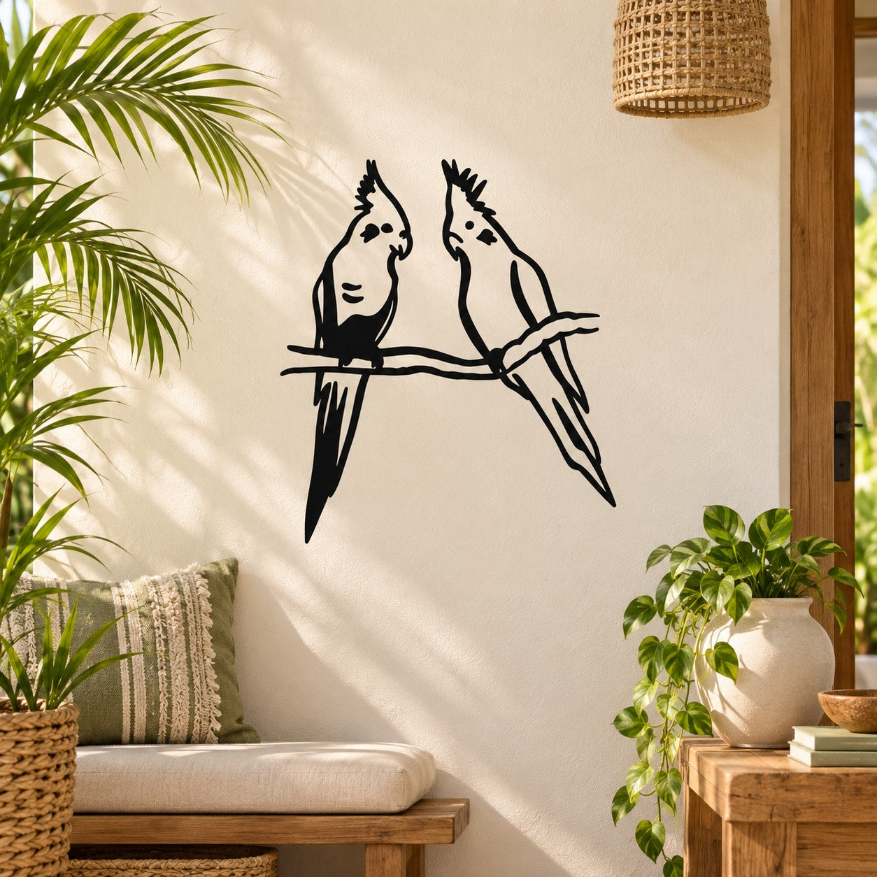 Cockatiel birds wall decal: two black outline cockatiels perched on a branch