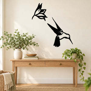 Hummingbird and flower wall decal, black bird and leafy sprig stickers