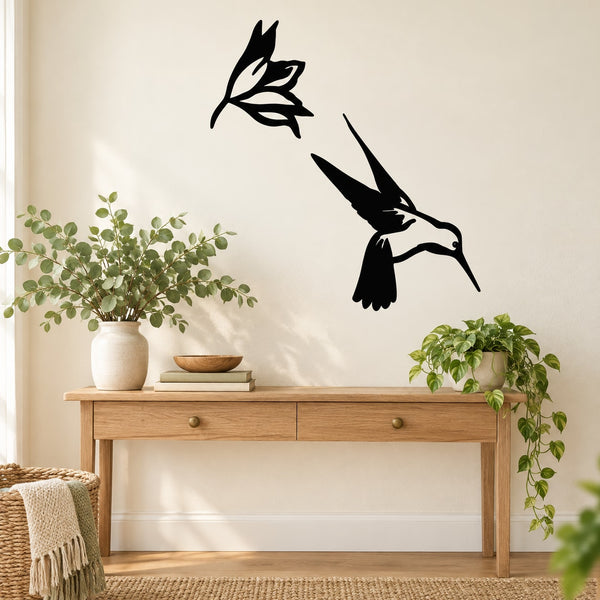 Hummingbird and flower wall decal, black bird and leafy sprig stickers