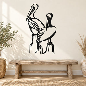 Pelican vinyl wall decal, black standing bird silhouette with drip detail