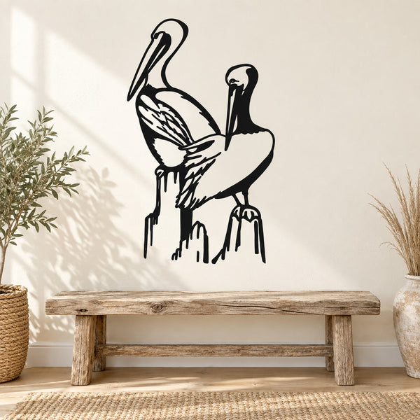 Pelican vinyl wall decal, black standing bird silhouette with drip detail