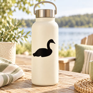 Black sitting swan silhouette decal on a white water bottle
