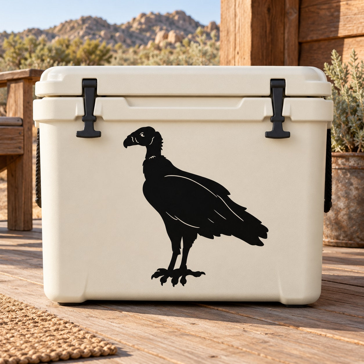 Standing vulture decal with black bird silhouette on a cooler front