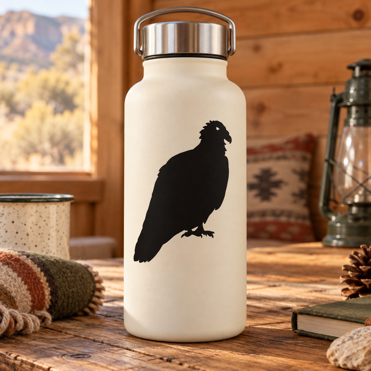 Huddled vulture decal with black bird silhouette on a cream surface