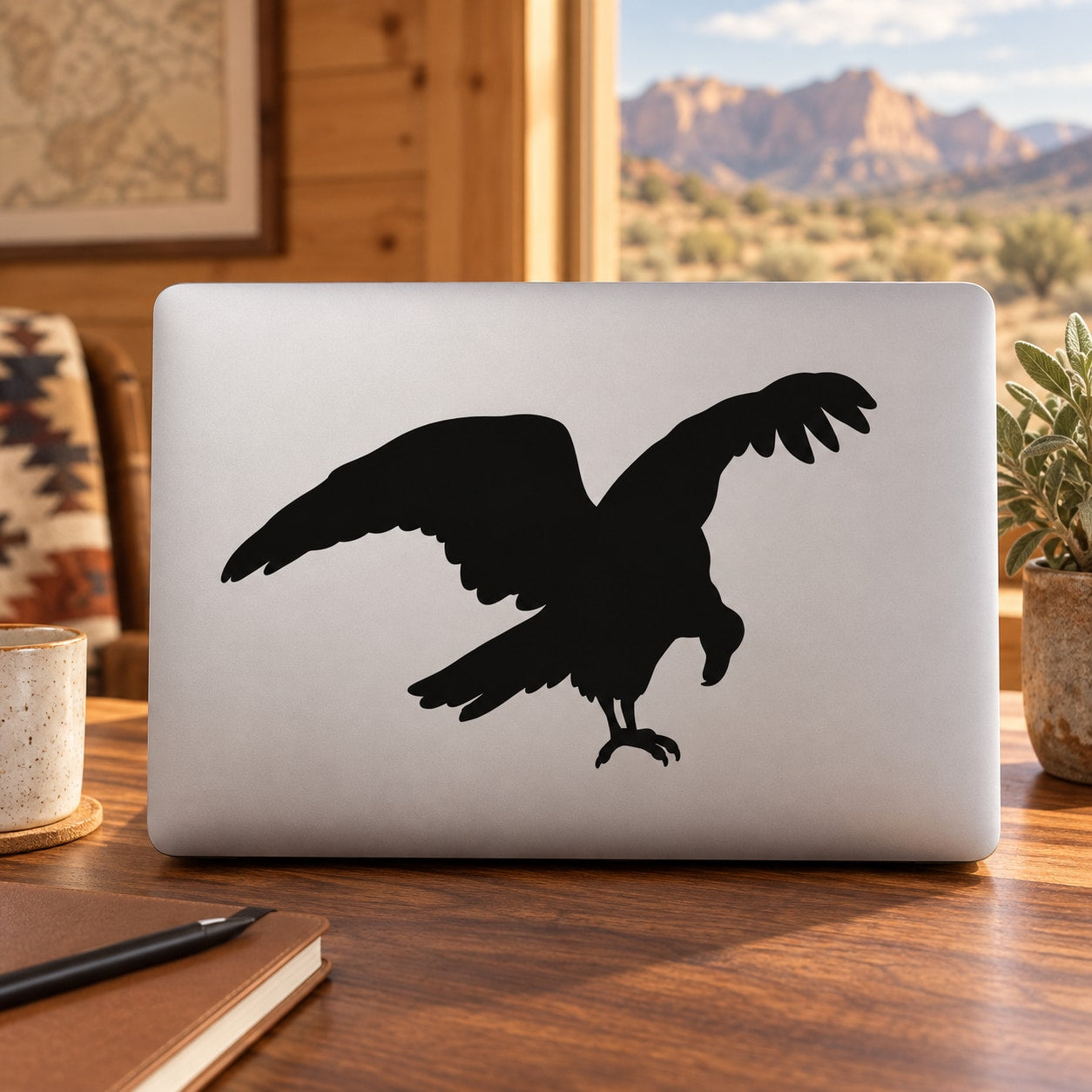 Pecking vulture decal with black bird silhouette on light background