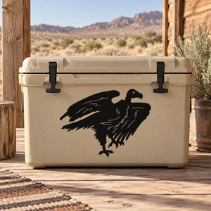 Shuffling vulture decal featuring a black bird silhouette on a cooler lid