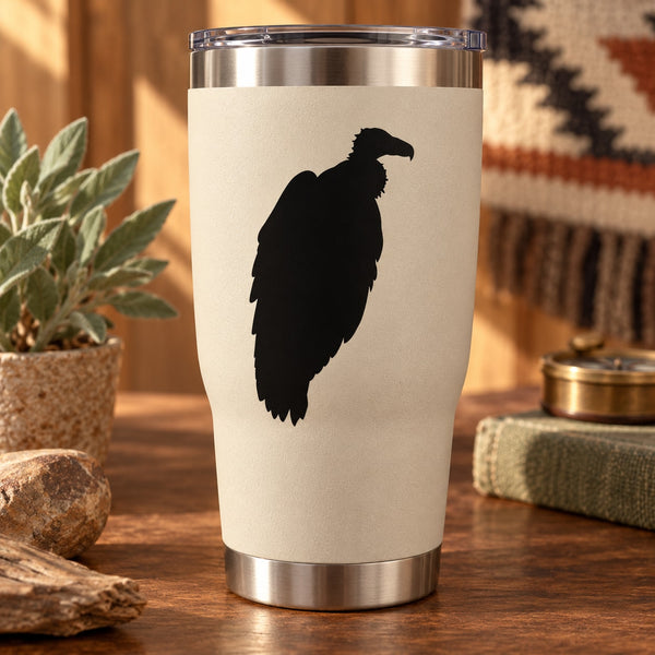 Vulture silhouette decal on cream travel tumbler with stainless steel lid