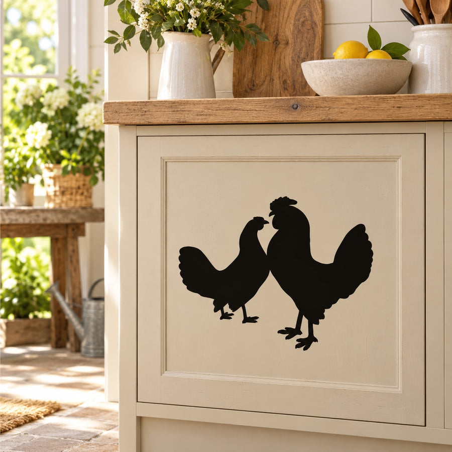 Chicken pair wall decal with two black rooster silhouettes on light background